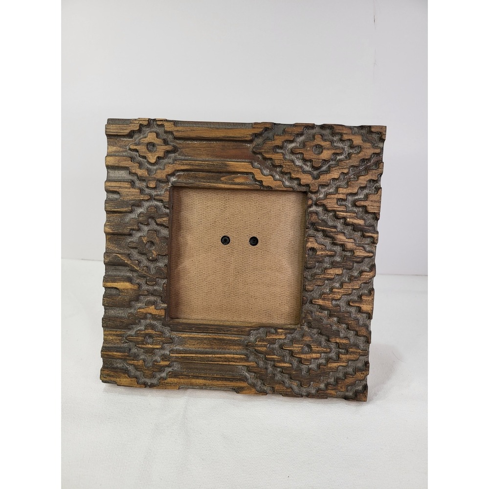 Rustic Carved Wood Southwestern Photo Frame 4.5 x4.5 Tribal Geometric